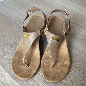Lauren Ralph Lauren Tan Gold Wedge Sandals Thong Leather Slingback Classic